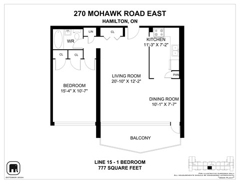 A floor plan for a home at 270 Mohawk Road East in Hamilton, ON, showing the layout of the bedrooms, living room, kitchen, dining room, and balcony.